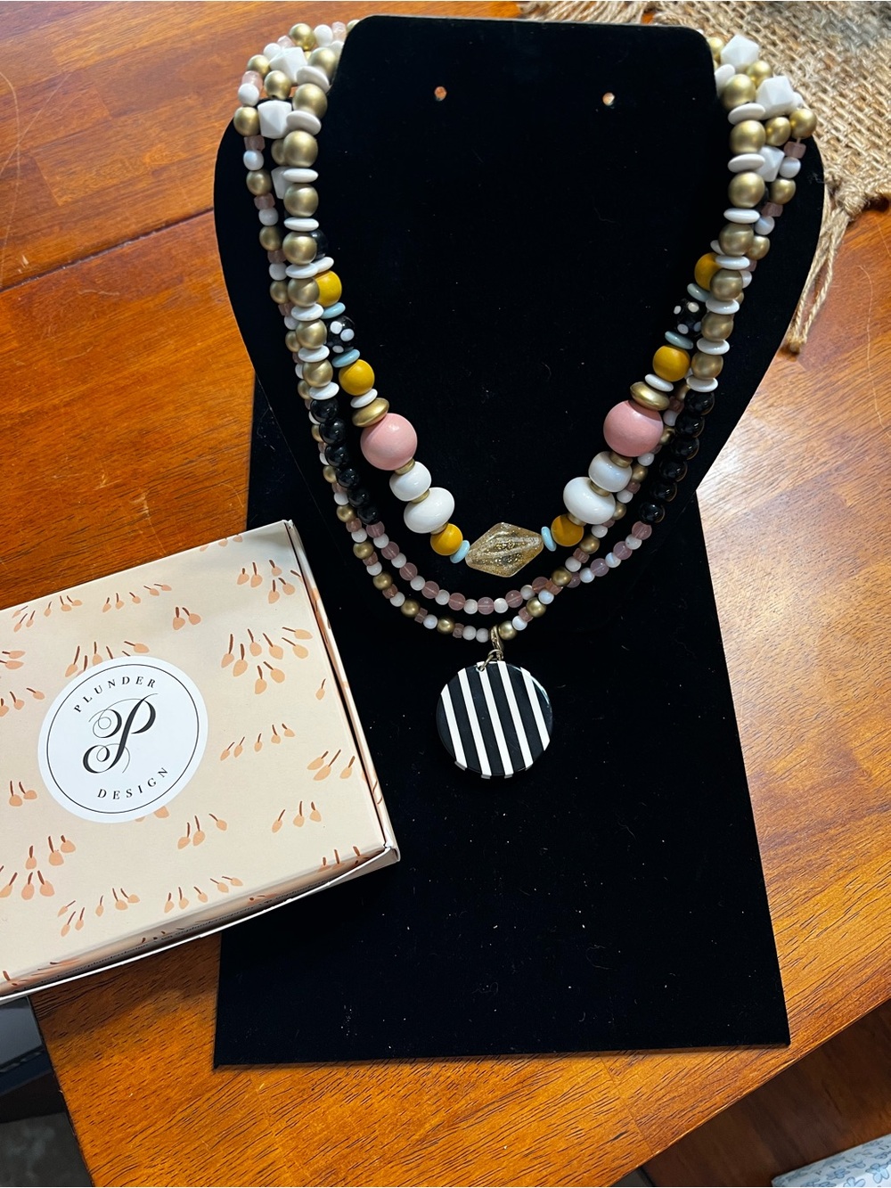 Plunder Pink, White, Gold & Black Layered Beaded Necklace with Striped Pendant